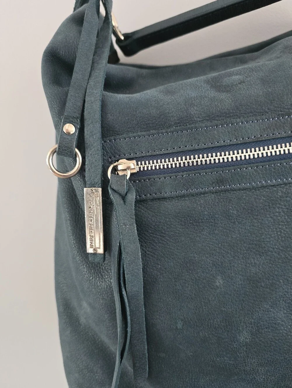 Gianni Chiarini Large Teal Blue Italian Leather Hobo Bag Silver Hardware